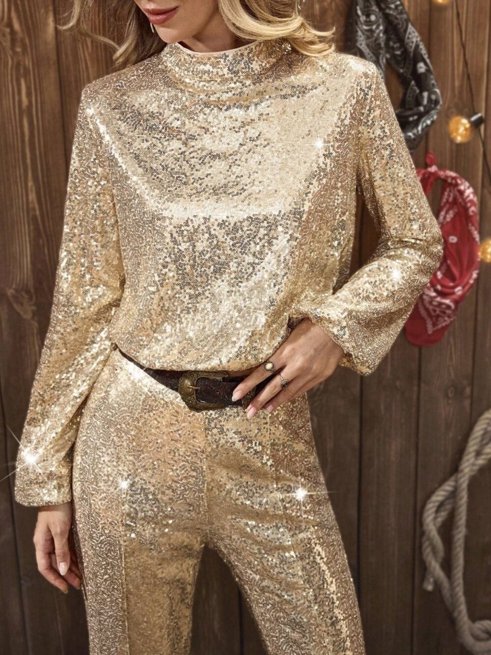Champagne Party Women's Collar Puff Sleeve Sequin Flare Pants Set